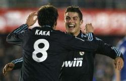 Xerez 0-3 Real Madrid: Ricardo Kaka and Cristiano Ronaldo celebrate together after combining for a great goal.