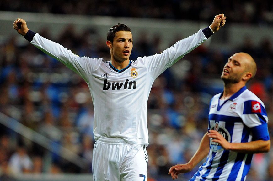 Cristiano Ronaldo of Real Madrid CF celebrates scoring his team's fifth goal during the La Liga match between Real Madrid CF and RC Deportivo La Coruna at Bernabeu on September 30, 2012 in Madrid, Spain. Cristiano Ronaldo of Real Madrid CF celebrates scoring his team's fifth goal during the La Liga match between Real Madrid CF and RC Deportivo La Coruna at Bernabeu on September 30, 2012 in Madrid, Spain.